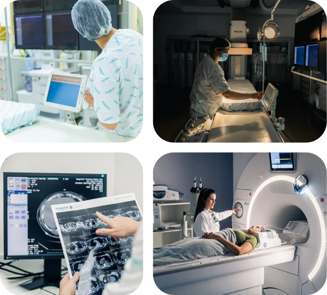 Mosaico de fotos de exames e máquinas hospitalar